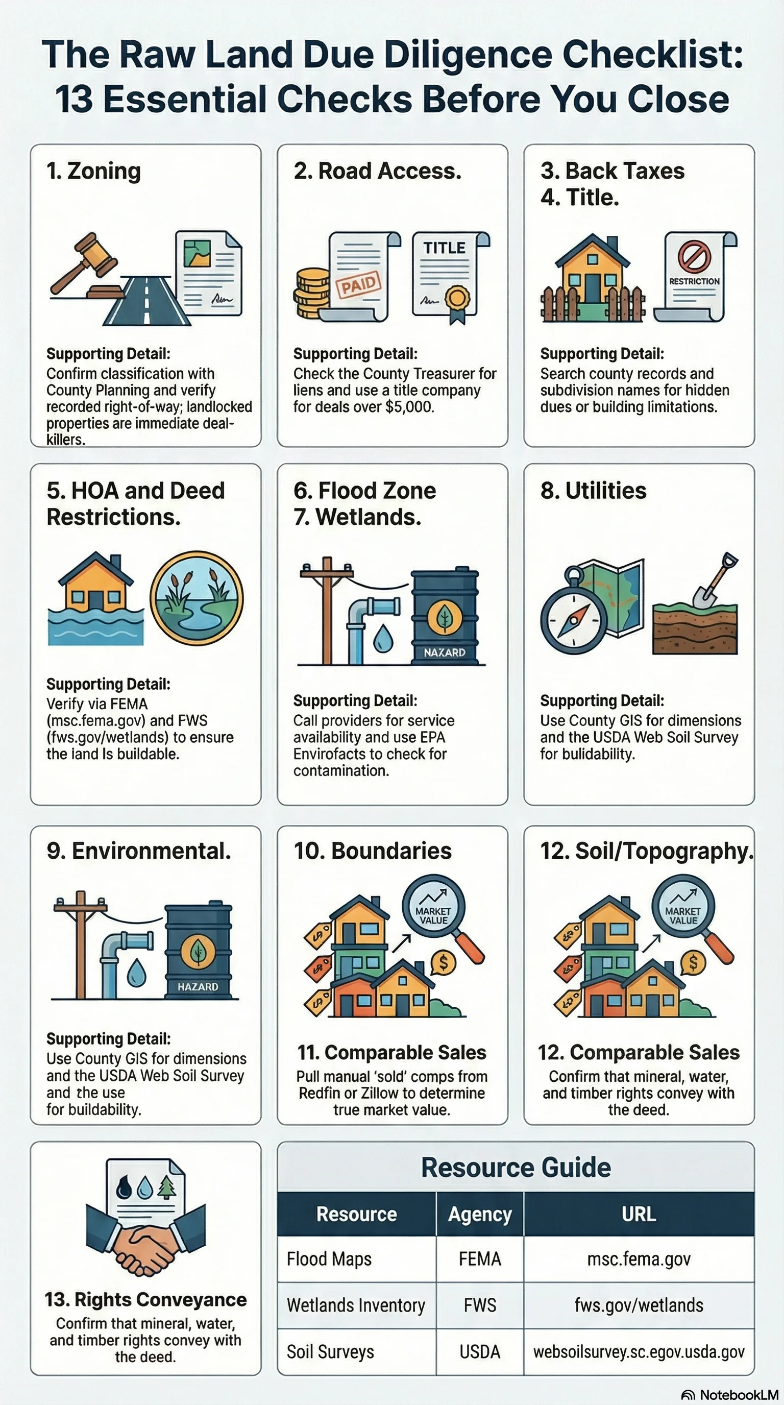 The 13-step raw land due diligence checklist — from zoning and road access to mineral rights, with resources for each check