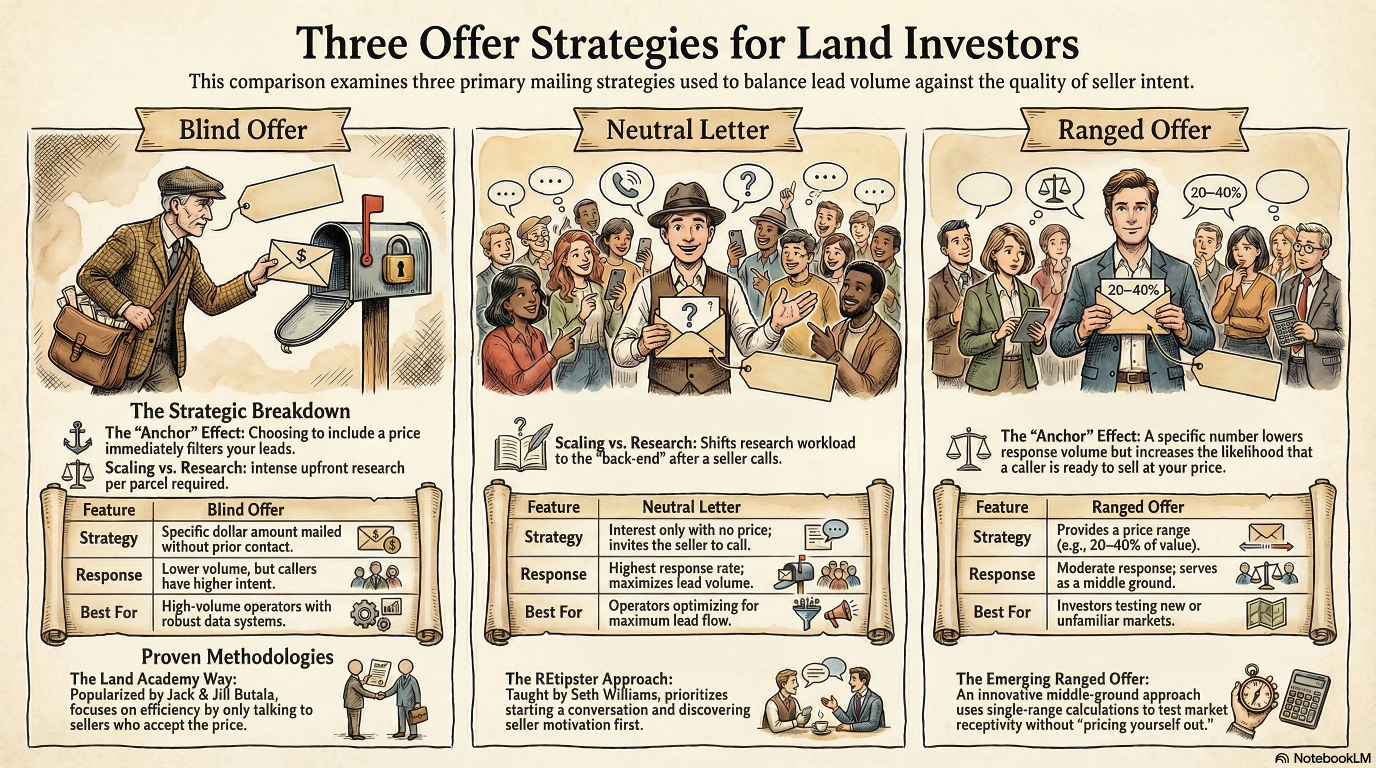 Comparison of three land investing offer strategies — blind offer vs neutral letter vs ranged offer, with response rates and best-fit scenarios