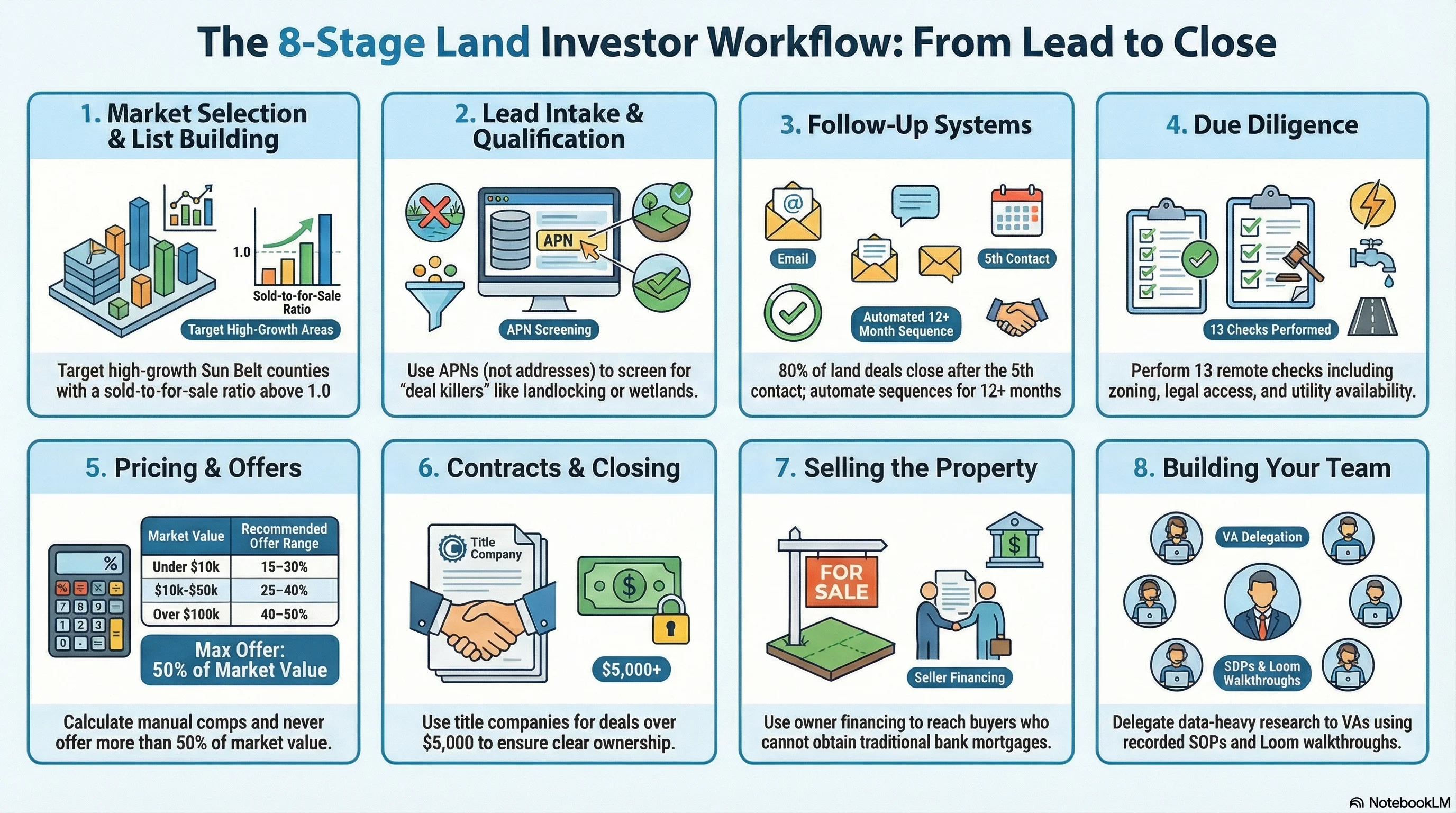 The 8-stage land investor workflow from market selection to team building — a visual guide to the complete lead-to-close process